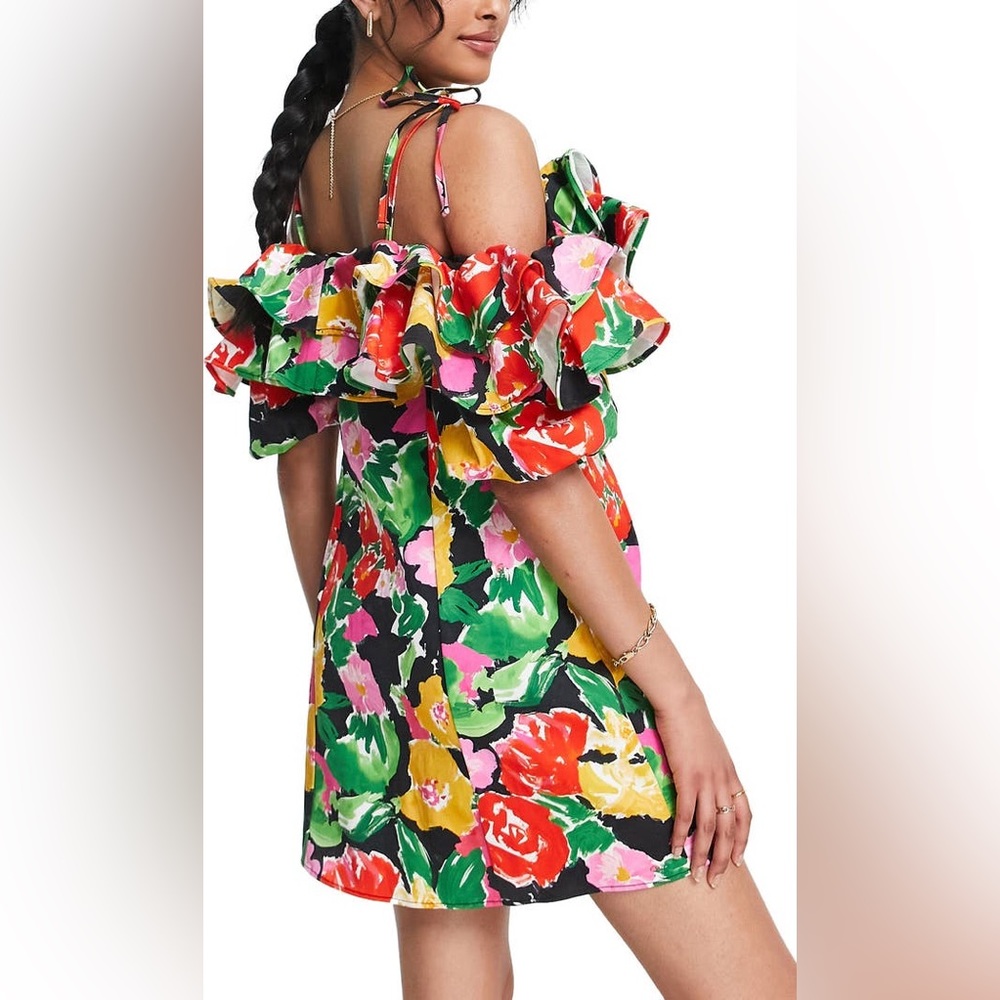 TOPSHOP Floral Ruffle Cotton Minidress in Green Floral Multi